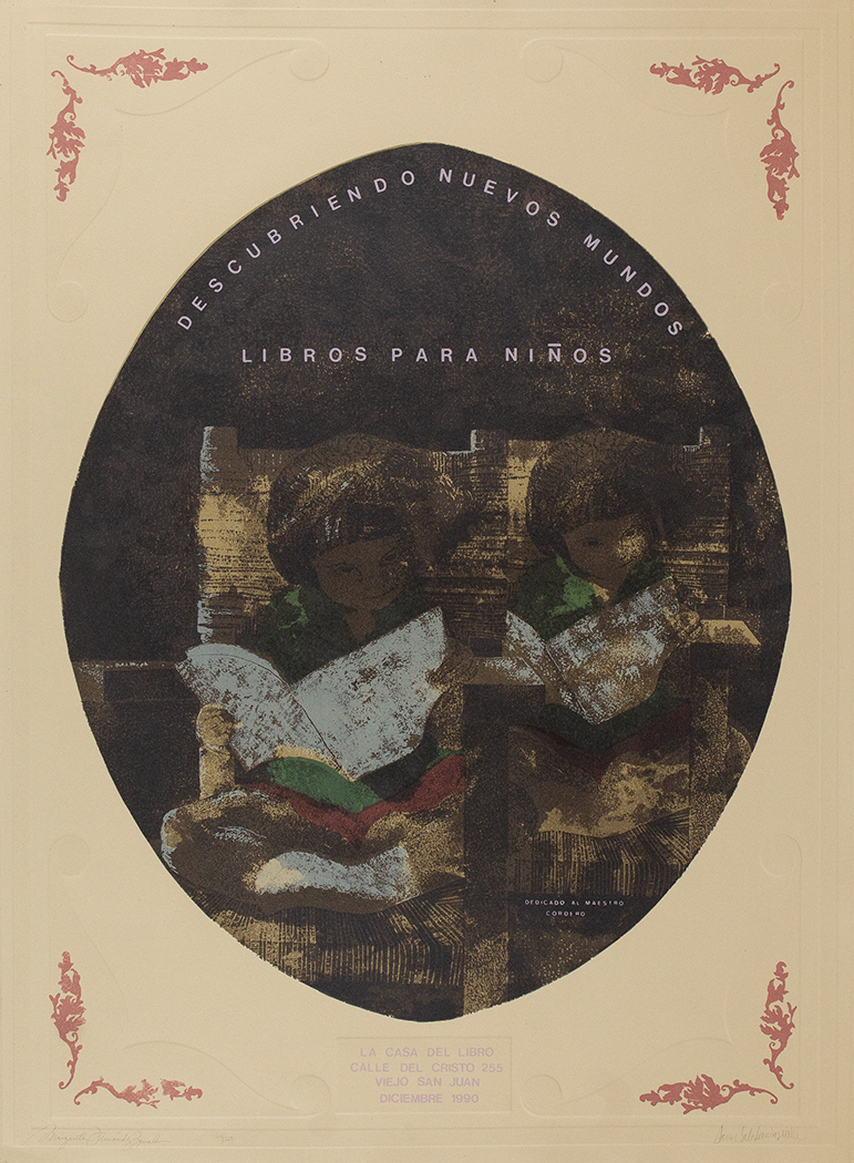 Cartel de LCDL | Descubriendo nuevos mundos, 1990 | Ilustración de Margarita Fernández Zavala | Diseño por Aaron Salabarrías Valle | Curaduría de María Teresa Arrarás | Medidas: 80 cm x 61 cm  | Serigrafía